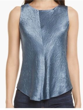 Vince Sleeveless Crinkle Satin Tank Top in Steel Blue